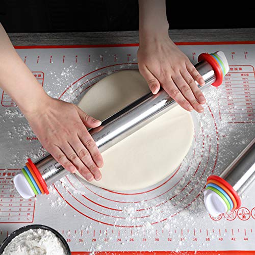 Rolling Pin and Silicone Dough Mat Set, Stainless Steel Dough Roller with 4 Removable Adjustable Thickness Rings, Rolling Pins for Baking Pizza Crust, Pie, Pastries, Pasta and Cookies