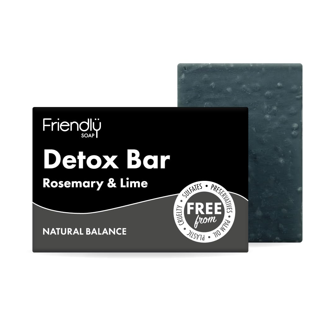 Friendly Soap - Detox Bar with Activated Charcoal, Rosemary & Lime (95g), Absorb Toxins, Cleansing, Plant-Based, Cruelty-Free, Made By Hand, No Preservatives or Sulphates, Sustainable, Recyclable