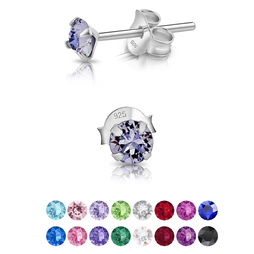 925 Sterling Silver Round SMALL Stud Earrings made with Glittering Crystals - Silver Studs Earrings for Woman - Diameter: 4 mm - Colour : Provence Lavender