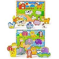 OKIKI Wooden Puzzles for Toddlers - Wild and Farm Animals - 14 Thick Pieces with Full Board Illustrations (12 x 9 inches)