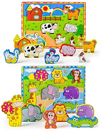OKIKI Wooden Chunky Puzzles for Toddlers - Wild and Farm Animals - 14 Pieces with Full Board Illustrations (12 x 9 inches)