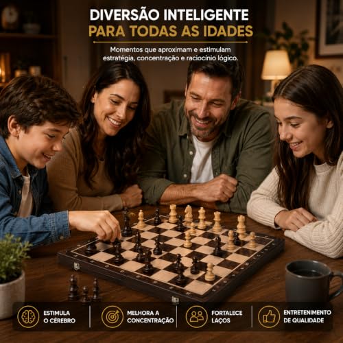 Jogo de Xadrez Magnético em Madeira Dobrável Premium 29cm | Tabuleiro Portátil com Armazenamento Interno | Peças Magnéticas | Jogo de Estratégia para Crianças e Adultos.