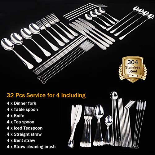 Silverware Flatware Cutlery Set,Portable Utensils LPOLER 32 Pieces Stainless Steel Utensils Service for 4,Include Knife,Fork,Spoon,Straw and Cleaning Brush,Mirror Polished,Dishwasher Safe