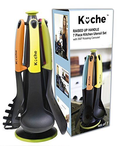 KÜCHE Premium 6-Pieces Heat Resistant Nylon Silicone Raised UP Kitchen Cooking Utensils Set With Holder And 360 Degree Rotating Carousel Stand (Multi Color)
