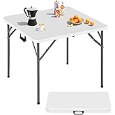 34 Inch Square Folding Table - Heavy Duty Portable Card Table for Indoor &amp; Outdoor, Compact PVC Tabletop with Sturdy Metal Frame, Multi-Purpose for Dining, Parties, Backyard, Poolside, Balcony (White)