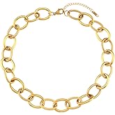 Adjustable 18K Gold Plated Chain Bracelet & Necklace Set for Women Men Handmade Cable Loop Jewelry with Buckle, Thick Oval Link Dainty Gold Stackable Hip Hop Jewelry (Necklace)