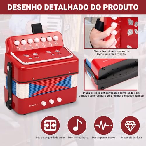 Acordeão para Iniciantes com 7 Teclas e 2 Botões, Acordeão Vermelho Compacto, Instrumento Musical Leve para Estudo e Prática
