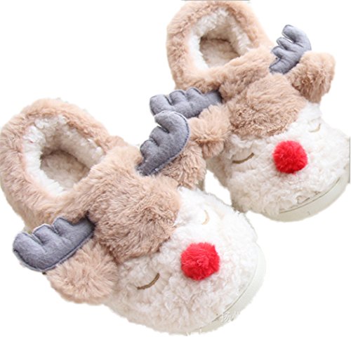 MiYang Women's Soft Warm Reindeer Plush Indoor Cartoon Slippers brown