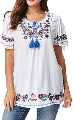 Bohemian Mexican Floral Embroidered Tunic Top with Relaxed Short Ruffled Sleeves (M/L, White)
