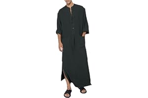 YAOHUOLE Men's Kaftan Thobe Long Sleeve Muslim Robe Button Up Side Split Kaftan Thobe with Pockets
