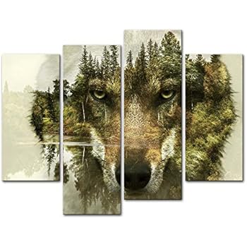 4 Piecesmodern Canvas Painting Wall Art The Picture for Home Decoration Wolf Pine Trees Forest Water Wolf Animal Print On Canvas Giclee Artwork for Wall Decor