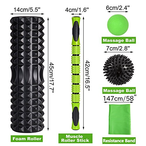 6 in 1 Massage Foam Roller Kit 18" Large Foam Roller with Muscle Roller Stick 1 Resistance Band & 2 Massage Balls for Physical Therapy Injury Prevention Stretching Yoga & Trigger Point
