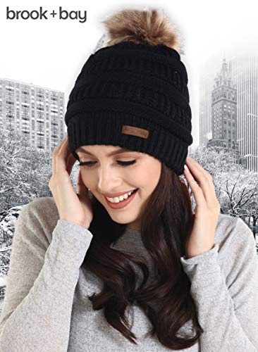 Brook + Bay Faux Fur Pom Pom Beanie for Women - Warm & Cute Cable Knit Winter Hats - Thick, Chunky & Soft Stretch Knitted Caps for Cold Weather - Stylish & Trendy Snow Beanies for Ladies