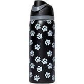 Paw Print 32oz Easy-Sip Double Wall Insulated Stainless Steel Water Bottle – One-Hand Flip Lid with Straw & Carry Handle Travel Tumbler (Black)