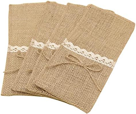 Jute Burlap 10 Pcs Christmas Pouch Pocket Decoration Tableware Lace Vintage Packaging Fork Wedding Knife Holder Party(22.5 * 10cm)