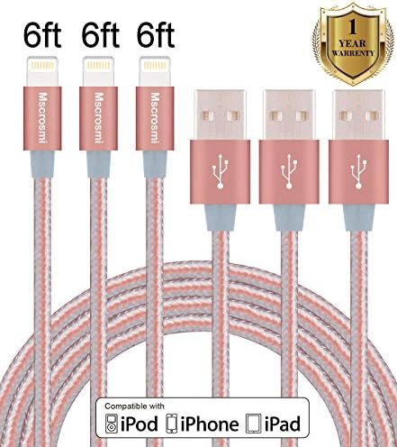 Mscrosmi 3Pack 6FT Nylon Braided Lightning to USB Sync Charge Cable Cord Charger with Aluminum Connector for iPhone 7/7 Plus/6s/6s Plus/6/6Plus/5s/5c/5, iPad/iPod (Rose gold)