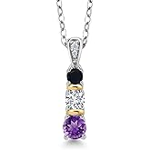 Gem Stone King 925 Silver and 10K Yellow Gold Round Purple Amethyst White Lab Grown Diamond and Black Onyx Pendant Necklace For Women (0.52 Cttw, Gemstone February Birthstone, with 18 Inch Chain)
