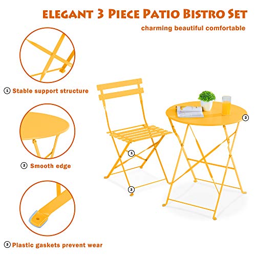 JY QAQA Metal Patio Bistro Bar Set Chairs,3 Piece Outdoor Folding