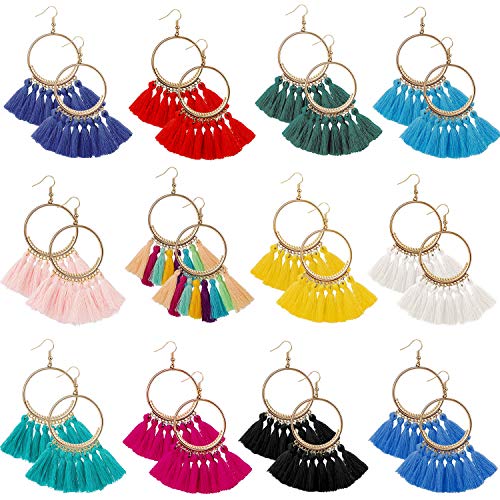 12 Paris Tassel Hoop Earrings for Women-Colorful Fan Shape Drop Dangle Earrings Yellow Red Pink Black White Fringe Earring Set for Girls Daily Wear Fashion Jewelry Christmas Gifts