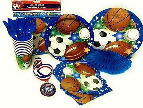 Party Kit for 32 Sports Theme SuperStar Medal, Plates, Bright Napkins, Table Cover, Cups, Cutlery, Decoration