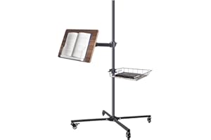 WISHACC Mobile Book Stand with Storage Basket, Height Adjustable Reading Stand with Wheels, Wood and Metal
