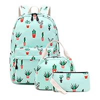 Girls School Backpack Teens Bookbag Kids Girls School Bags with Lunch Bag Pencil Case, 3 in 1 Backpack Sets (Light Blue/Cactus)