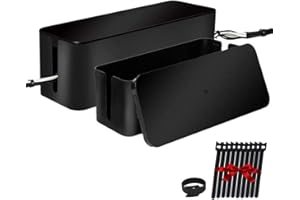 DAVIDSONS COLLECTION Cable Management Box Organizer, Pack of 2 Wire Concealer to Cover Hide Surge Protector & Power Strip on Desk Floor, with 5 Cord Fastening Tapes for Office, Home, Kitchen (Luxury Black)