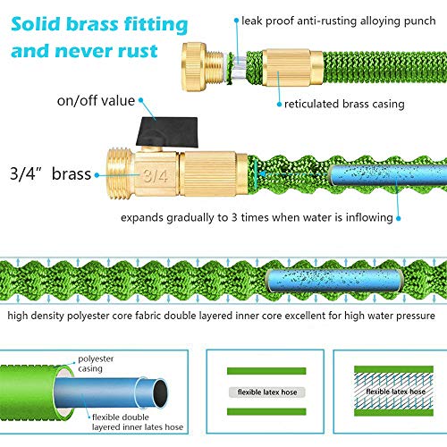 Caferria Garden Hose Expandable Water Hose 50ft Lightweight 3/4" Solid Brass Fittings Extra Strength Fabric Double Latex Core Flexible Hose with 9 Mode Spray Nozzle for Lawn Plants Car Washing (Green)
