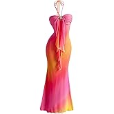 winkbay Women's Ombre Mesh Halter Maxi Dress Metal Floral Bodycon Fishtail Dresses Beach Vacation Clothes