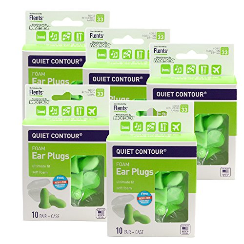 Flents Quiet Contour Soft Foam Ear Plugs Nrr 33dB - 10 Pair with Small Carry Case (5 Pack)
