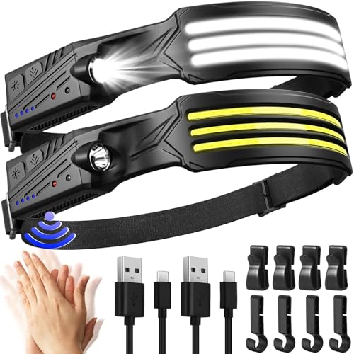 MLIAIMCE Headlamp, 2 Pieces Super Bright 3000 Lumens Rechargeable LED Front LED 3 x LED with Motion Sensor 230 ° Angle, IPX5 Waterproof 0.14lb Lightweight Head Torch for Running Camping