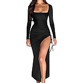 LAGSHIAN Women's Sexy Bodycon Cocktail Square Neck Long Sleeve High Split Ruched Midi Party Dress