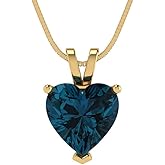 Clara Pucci 14K Yellow Gold Plated Solitaire 16" Box-Chain Necklace - Sterling Silver 2ct Heart Cut London Blue Topaz Pendant