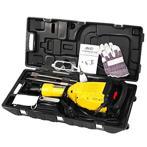 Goplus HD 3600W Electric Demolition Jack Hammer 1400RPM Concrete Breaker Drills for Punch Construction w/Flat Chisel, Bull Point Chisel and Gloves