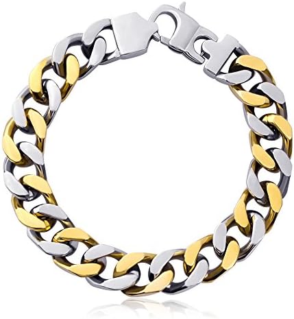 EZcapes Stainless Steel Bracelets for Men Cuban Curb Link Chain Bracelets Silver with Gold 8.5 Inches