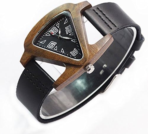 Women Black Wood Watches Triangle Black Wooden Watches with Genuine Leather Band Quartz Watch