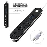 Power Strip Surge Protector, Hizek 2500 Joule 3-Outlet Power Strip with 3 USB Charging Ports 1.6M/5ft Cable (Black)