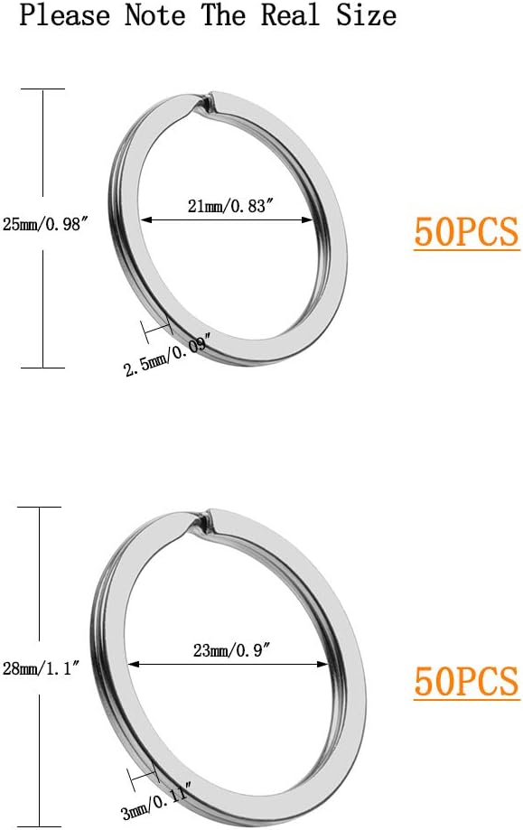 Sopito Key Rings, 100 PCS Flat Split Rings Metal with Size 25mm and 28mm for Home Keys and DIY Crafts, Silver, diameter: 25mm,28mm - Image 3