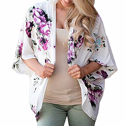 WEUIE Women Blouse Clearance Sale! Women Floral Cover Casual Blouse Tops Loose Kimono Cardigan Capes (L,White )