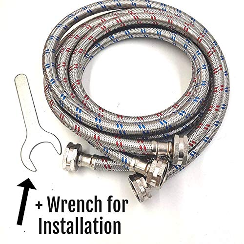 Washing Machine Hose Stainless Steel Braided Water Supply Line - Burst Proof 2 Pack - Commercial Grade Metric Fittings + Wrench for Easy Installation (12ft)