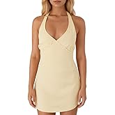 Naileksi Women Sexy Satin Halter Mini Dress Sleeveless Solid Slim Fit V Neck Ruched Silky Open Back Tie Party Dress