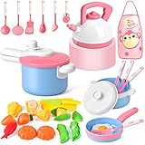 Balnore Kids Kitchen Pretend Play Toys, 28 Pcs Macaron Toy Kitchen Sets with Cooking Set Cookware Playset Pots and Pans Healthy Cutting Vegetables,Knife,Utensils, Little Chef for Kids Toddlers
