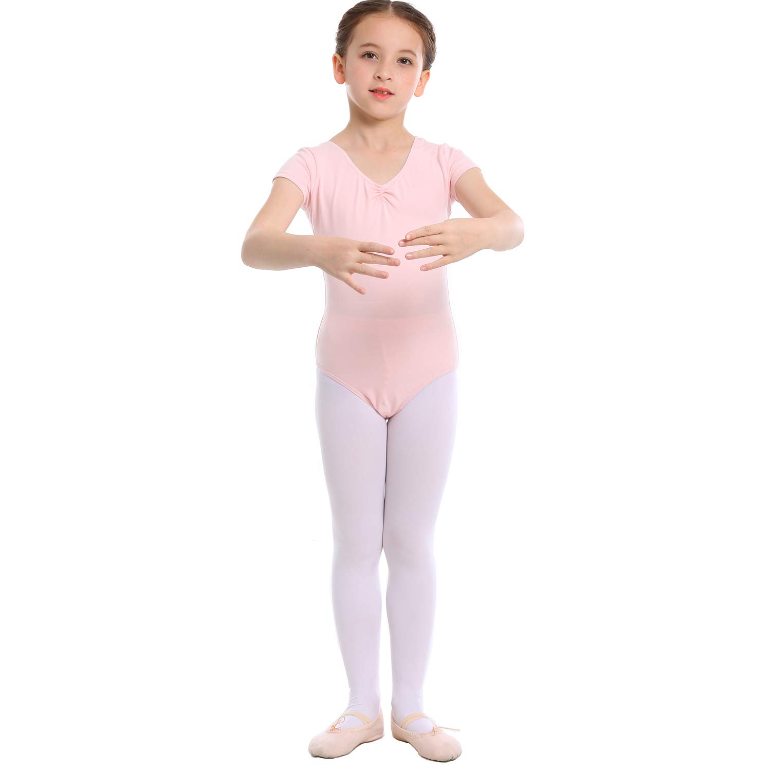 Koolen Kid Girls\' Ballet Basic Short Sleeve Leotard, Adjustable V/U Neck?Leotard For Dance, Gymnastics, Pink1Pc, TAG110(6-7Y)
