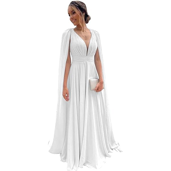 Amazon.com: SiLidressy Chiffon Bridesmaid Dress with Chiffon Cape Formal  Gown Evening Dress with Shawl for Wedding Party White 2 : Clothing, Shoes &  Jewelry