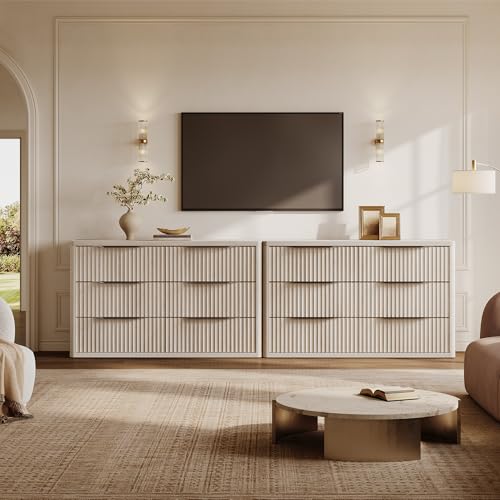 SICOTAS Dresser for Bedroom 6 Drawer Dressers & Chests of Drawers for Closet Long Large Modern TV Stand Set for Clothes Storage Fluted Wide Clothes Closet for Hallway Entryway (White Alder, 1 Piece)