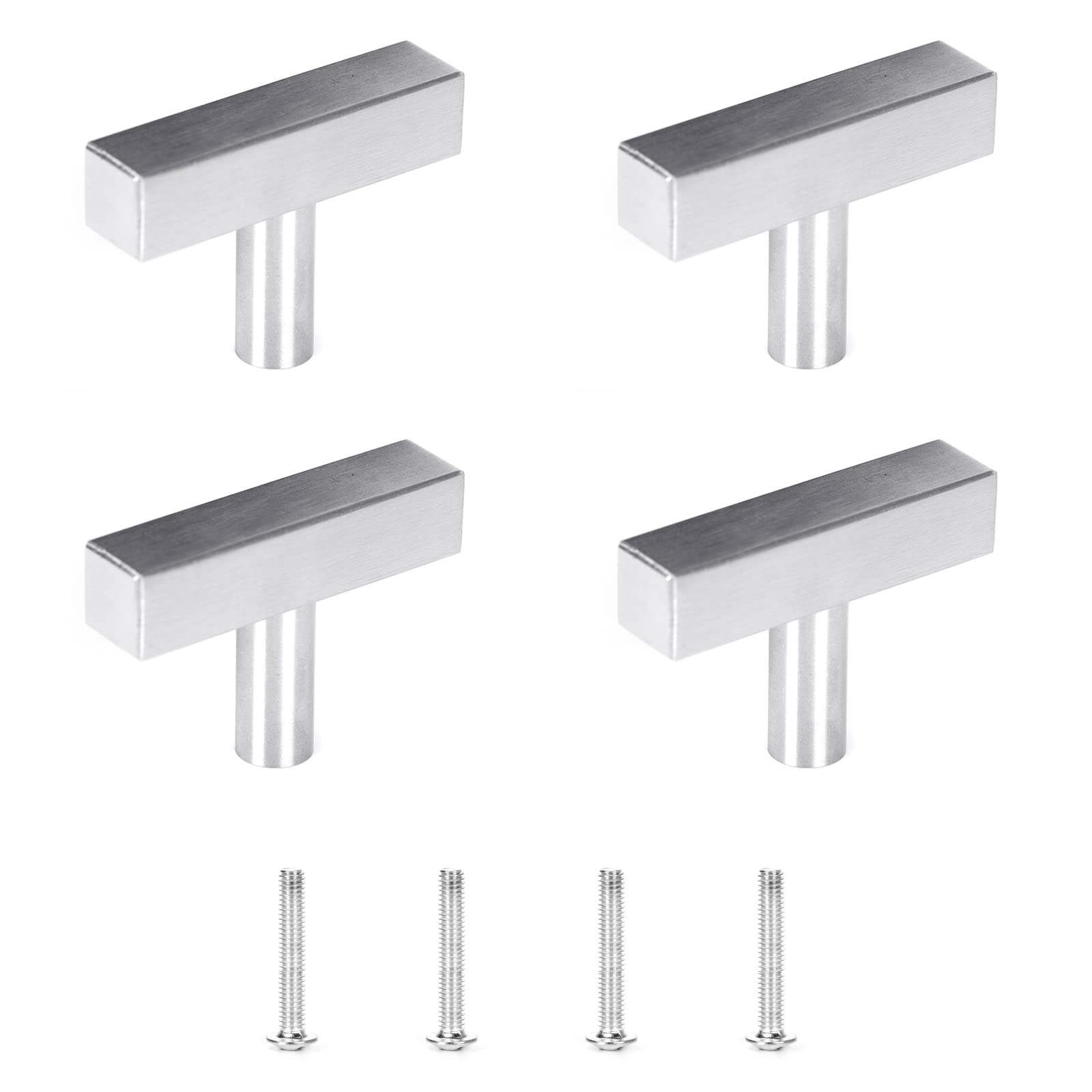 Ruimou 4Pcs Square 1.97'' Silver Brushed Stainless Steel Handles(Single Hole) with Screws for Kitchen Cabinet,Furniture Drawer Pulls (Brushed Silver)