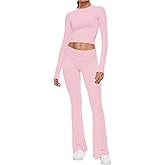 AnotherChill Women's 2 Piece Lounge Sets Fold-over Flare Pants Set Long Sleeve Cropped Top Casual Outfits Pajamas