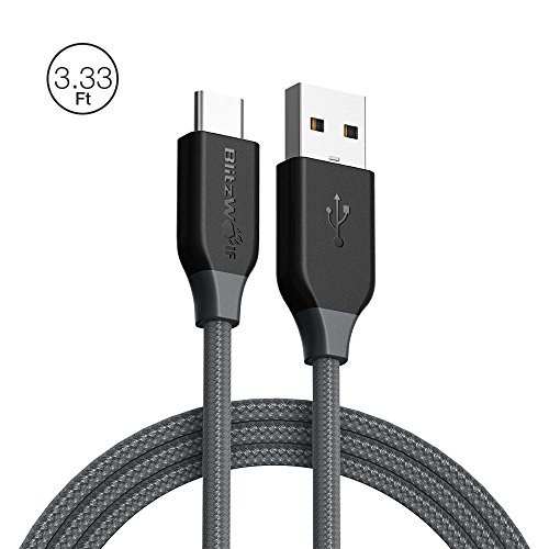 USB Type C Cable, BlitzWolf 3.3ft 3A Durable Nylon Braided USB 2.0 to Type C Cable Data Transfer or Charging Cord with Magic Tape Strap for New MacBook, Google ChromeBook Pixel, Nexus 5X, (3.3ft Grey)