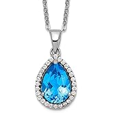 JewelryWeb 925 Sterling Silver Spring-Ring Polished Blue Topaz and Cubic Zirconia Necklace 18 Inch Pendant Necklace for Women