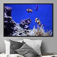 Framed Canvas Wall Art Clownfish Colorful Fish Group Marine Life Multicolor Nautical Photography Realism Ultra - 16x24 inches